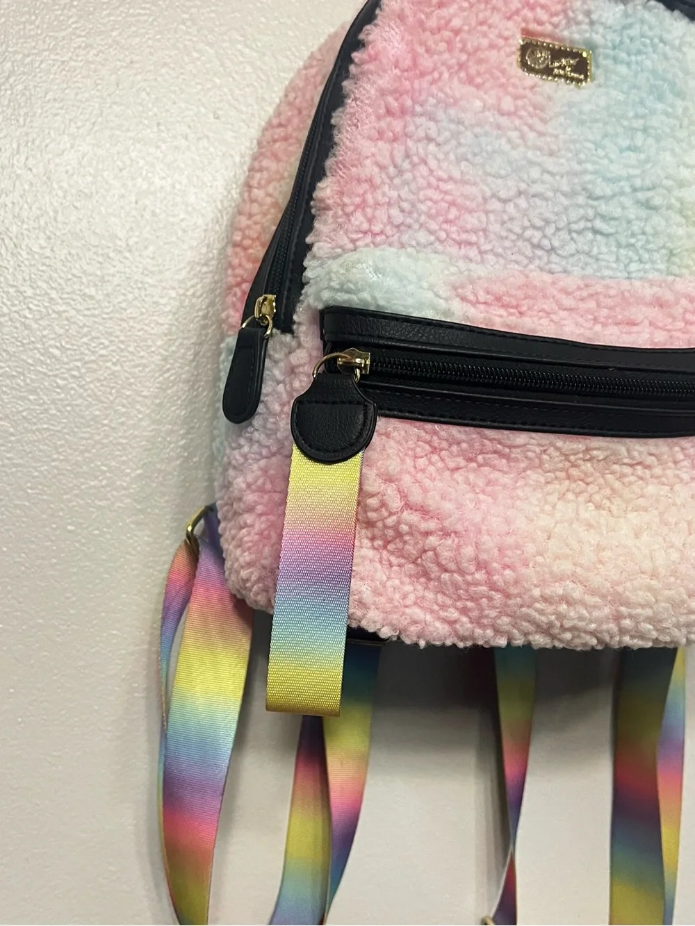Luv Betsy by Betsey Johnson Pastel Rainbow Sherpa Mini Backpack Tie Dye Pattern